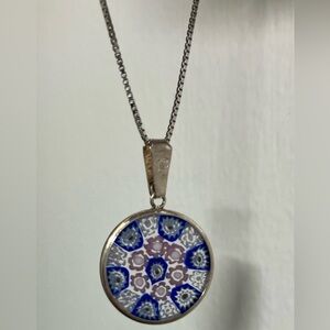 Murano Art Glass Pendant on 17” ITALY 925 SS Chain, Petit Floral Geometric